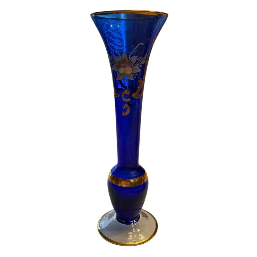 Bohemian Czech Cobalt Blue Art Glass Vase Gold Floral Trumpet 9.75